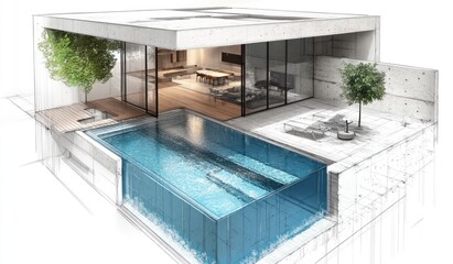 Poster - Modern home with glass pool and deck.