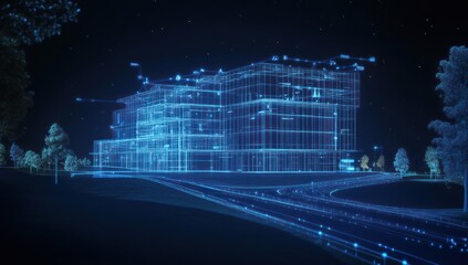 Poster - Blue glowing wireframe building with bright nodes and lines at night.