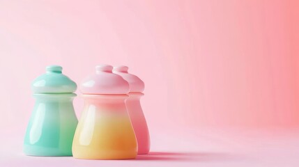 Aufkleber - Three pastel bottles with caps on pink.