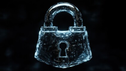 Poster - Transparent, glassy padlock on dark background.