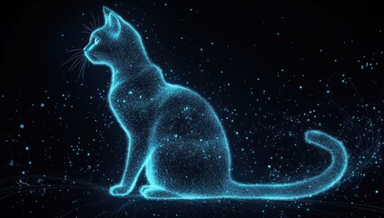Aufkleber - Glowing cat outline with digital particles on dark background.