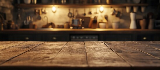 Poster - Blurred kitchen background with a rustic wooden tabletop.