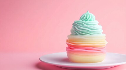 Aufkleber - Stacked pastel swirl cupcake on white plate, pink background.