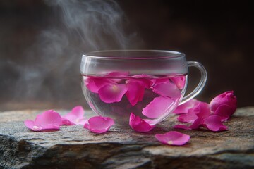 Poster - Rose petals steeping in clear glass mug with steam, on stone.
