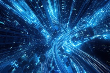 Poster - Futuristic city view with glowing blue lines, high angle.