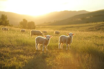 Aufkleber - Lambs stand in sunlit field.