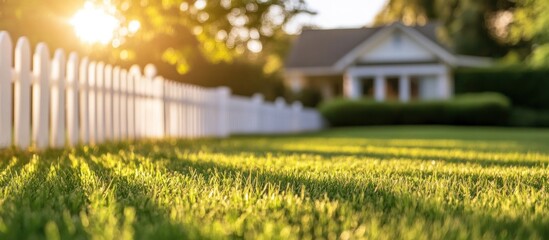 Aufkleber - Sunny lawn, white fence and blurred house background.