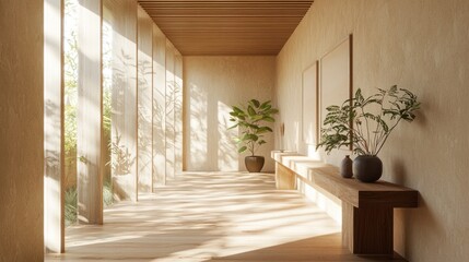 Poster - Bright interior hall with plants and wooden seating.