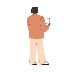 Poster - Business woman holding laptop, from back, behind. Female emloyee standing with computer in hands. Office worker, CEO, manager, rear view. Flat vector illustration isolated on white background