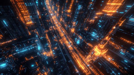 Aufkleber - Abstract digital grid with orange and blue glowing lines.