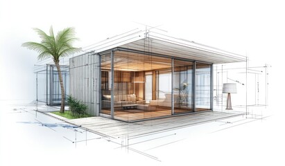 Poster - Modern house sketch with glass walls and palm tree.