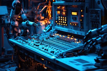 Aufkleber - Robotic arms control panel with illuminated buttons, dials, and cables.