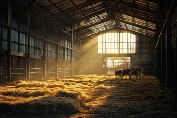 Poster - Sunlit barn interior with hay and two cows.