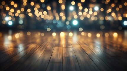 Fototapete - Empty dark stage floor with blurred lights.
