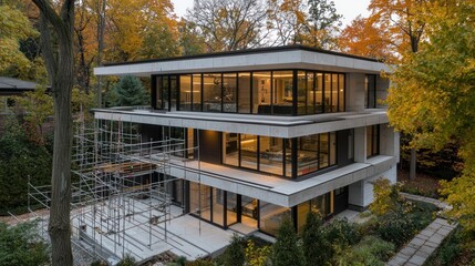 Poster - Modern house exterior during construction, fall foliage.