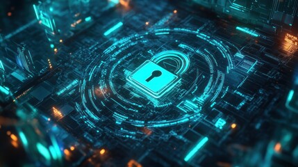Aufkleber - Glowing cyan padlock on digital circuit board with orange highlights.