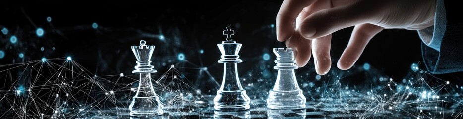 Poster - Chess pieces with hand moving strategy.