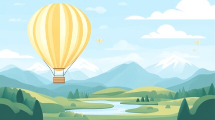 Poster - Hot air balloons float over a mountain landscape with a river.