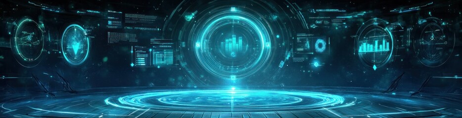 Aufkleber - Futuristic digital interface with glowing data displays, and platform.