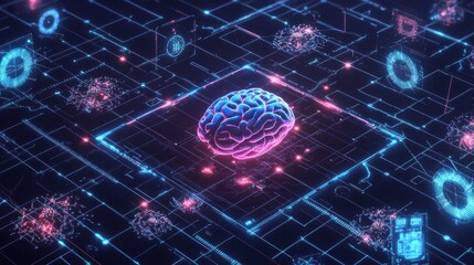 Fototapete - Glowing brain on digital circuit board with red & blue accents.