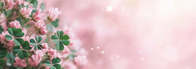Poster - Pink flowers with green clovers on blurry background with bokeh.