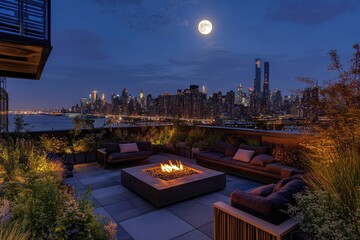 Poster - Rooftop fire pit, city skyline, and moon at night.