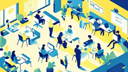 Aufkleber - Colorful isometric office scene with various people working on computers.