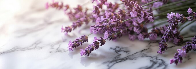 Aufkleber - Lavender sprigs on marble surface, soft lighting.