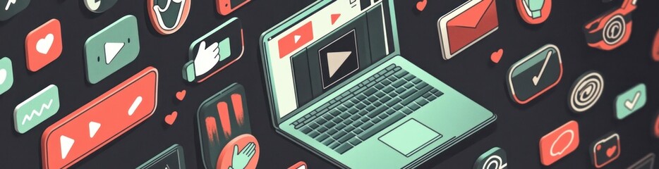 Aufkleber - Laptop with social media icons around.