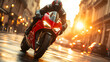 © elina - Riding through a city drenched in golden light, a skilled motorcyclist navigates the wet streets on a powerful red bike during twilight hours, blending speed and artistry in motion