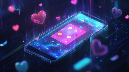 Poster - Glowing smartphone displays hearts, with floating icons.