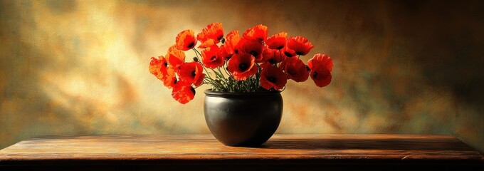 Aufkleber - Red poppies in black pot on wooden table with light and dark background.