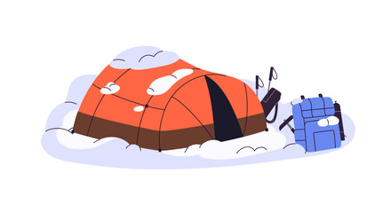 campsite, campground during winter travel in mountains, alpinism. tent with hiking equipment on snow