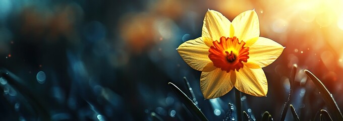 Poster - Yellow daffodil with blurry bokeh and sunlight.
