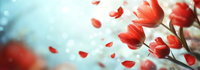 Aufkleber - Red tulips with bokeh petals falling, soft background.