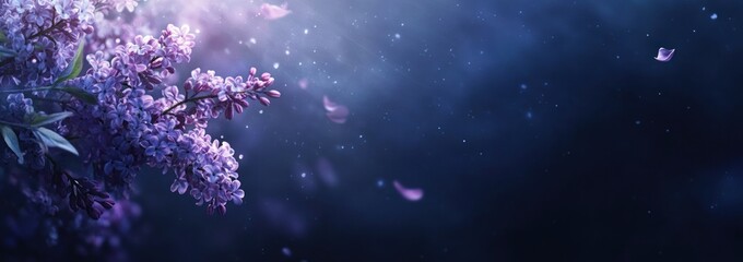 Poster - Purple lilac blooms with petals floating against a dark background, lights sparkling.