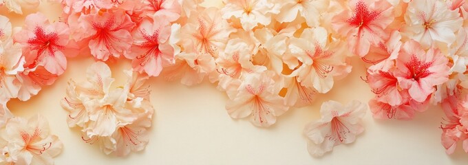 Aufkleber - Peach azalea flowers, flat lay on cream background.