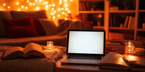Poster - Cozy home with laptop, books, and lights.