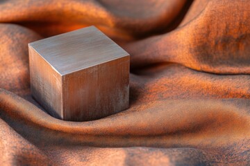 Poster - Metal cube on folded orange fabric.