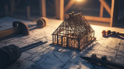 Leinwandbilder - Model house frame on blueprint with tools.