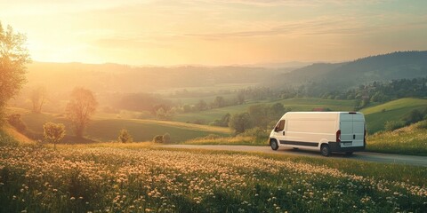 Poster - White van on road at sunrise, rural landscape.