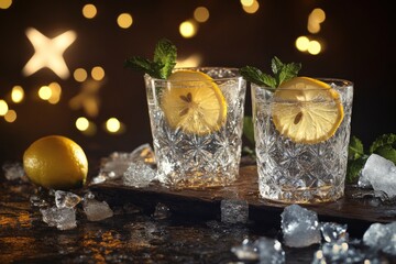 Poster - Two drinks with lemon slices, ice, and mint on a wood surface.
