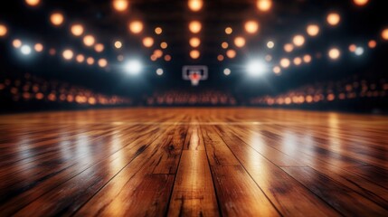 Aufkleber - Lit basketball court with wooden floor and bleachers under bokeh lights.