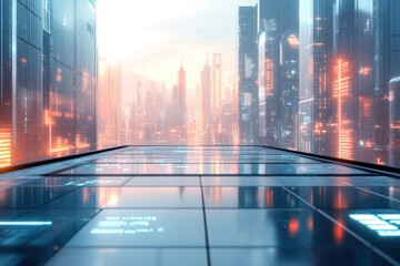 Poster - Futuristic urban cityscape with illuminated buildings at sunset.