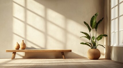Poster - Minimalist room with bench, vases, plant, window, and sunlight.