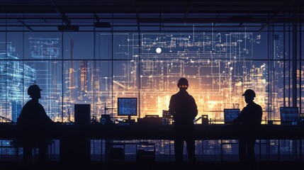 Aufkleber - Silhouetted workers monitor displays, city lights in night background.