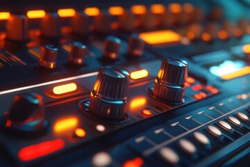 Fototapete - Close-up of audio mixing console with glowing buttons and knobs.