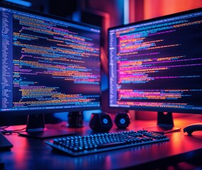 Innovative software engineering, computer monitor with code, dynamic programming and application development visualized on a modern computer monitor, Technology, Software development programming 
