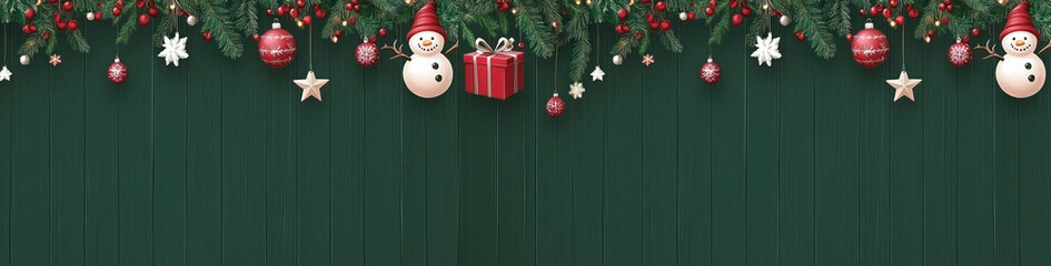 Wall Mural - christmas festive holiday decoration with a border of pine branches, red berries, and various Christmas ornaments in red, white, and silver hues. The decorations hang from the top, l