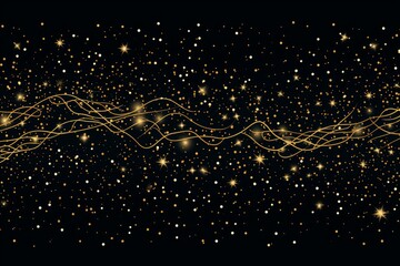 Poster - Golden lines are flowing through sparkling particles on a black background, creating a luxurious and festive atmosphere